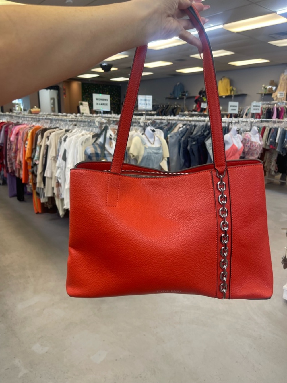 Calvin Klein Red Pebbled Leather Shoulder Tote with Chain Accent